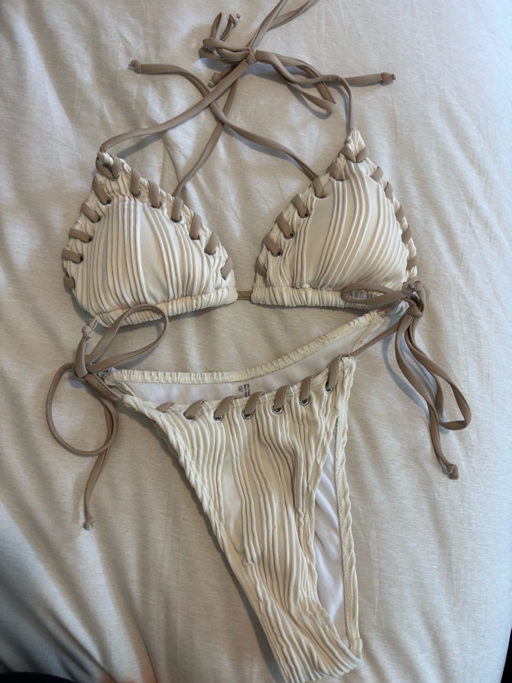 SHEIN Cream Ruched Lace-Up Triangle Bikini